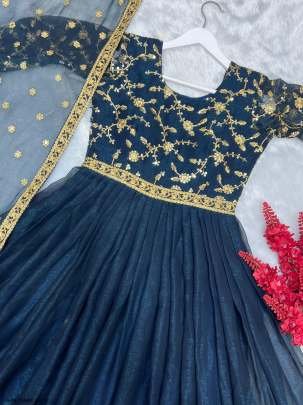 Latest Design Shimmer Silk Dark Blue Gown