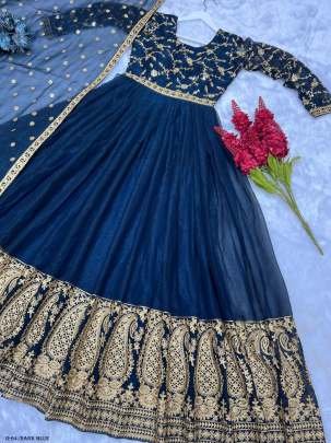 Latest Design Shimmer Silk Dark Blue Gown