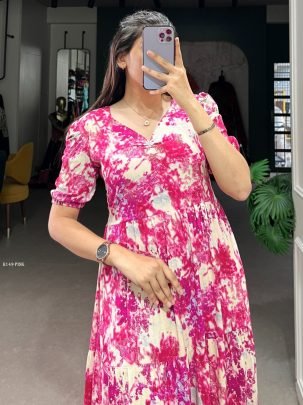 New Pink Floral Rayon One Piece Dress