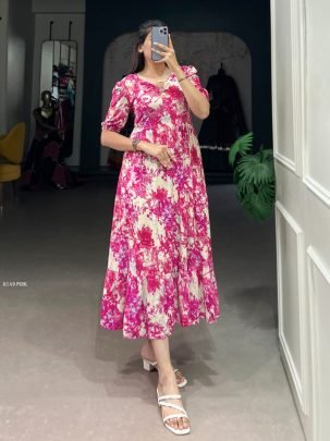 New Pink Floral Rayon One Piece Dress