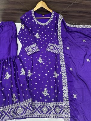 New Premium Blue Chinon Sharara 3pcs Set