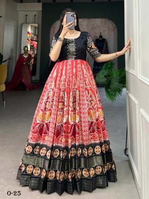 New Printed Dola Silk Red Gown With Zari Border