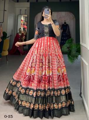 New Printed Dola Silk Red Gown With Zari Border