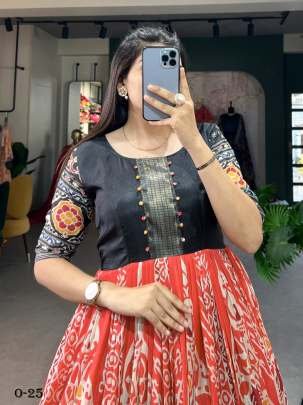 New Printed Dola Silk Red Gown With Zari Border