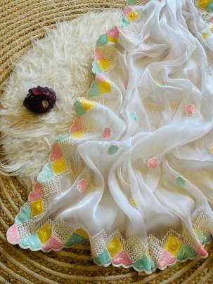 New Pure Viscose Jimmychhoo silk saree in white  color With Border Work