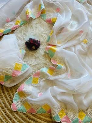 New Pure Viscose Jimmychhoo silk saree in white  color With Border Work