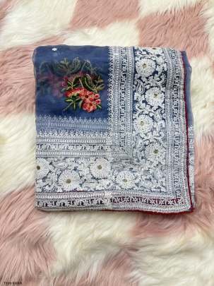 New Rama Organza Silk Saree With Chikankari Work