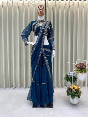 New Rama Saree With Embroidery Work   Mirror Work