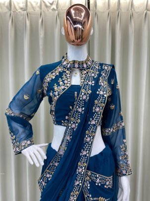 New Rama Saree With Embroidery Work   Mirror Work