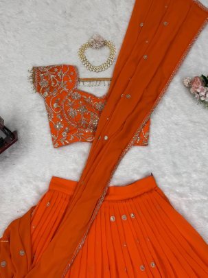 New Ready To Wear Ruffle Style Orange Lehenga Saree
