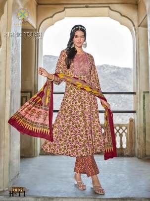 Cotton Pink And Green Color Anarkali Kurti Pant With Dupatta