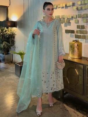 Skyblue Traditional 3 Piece Long Kurti With Bottom And Dupatta 