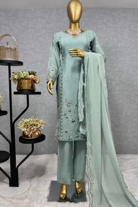Skyblue Traditional 3 Piece Long Kurti With Bottom And Dupatta