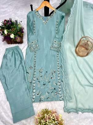 Skyblue Traditional 3 Piece Long Kurti With Bottom And Dupatta