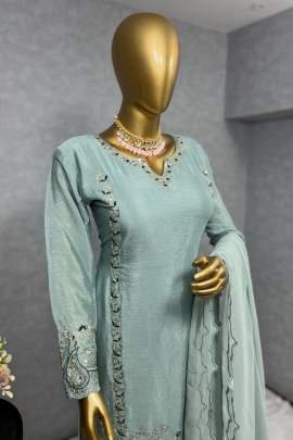 Skyblue Traditional 3 Piece Long Kurti With Bottom And Dupatta
