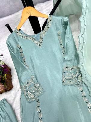 Skyblue Traditional 3 Piece Long Kurti With Bottom And Dupatta