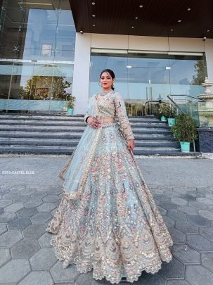 New Soft Butterfly Net Pastel Blue Lehenga Set