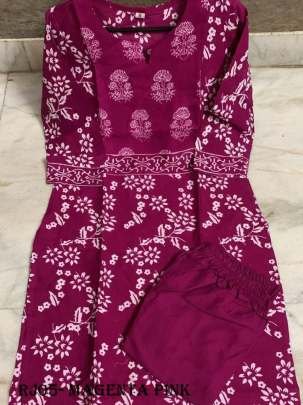 New Style Chikankari Rayon Magenta Pink Kurti Pant Set