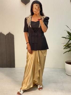 New Style Golden Dhoti Black Blouse With Blazer Indo Western