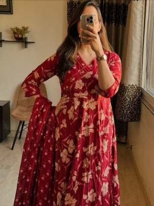 New Style Sanganeri Print Red Colour Anarkali Kurti Pant Dupatta Set