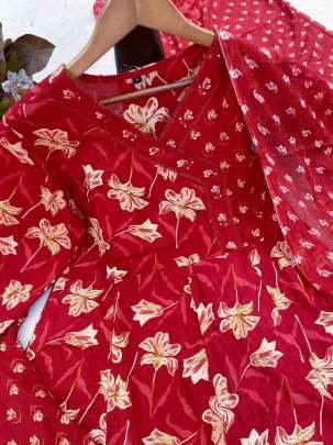 New Style Sanganeri Print Red Colour Anarkali Kurti Pant Dupatta Set