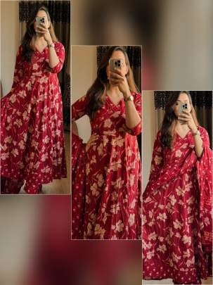 New Style Sanganeri Print Red Colour Anarkali Kurti Pant Dupatta Set