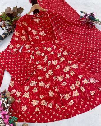 New Style Sanganeri Print Red Colour Anarkali Kurti Pant Dupatta Set