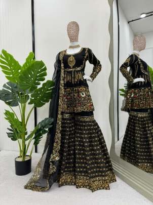 New Trendy Sequence And Thread Work Foux Georgette Pakistani Sharara Suits