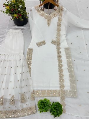 New White Festive Wear Silk Top Sharara With Dupatta