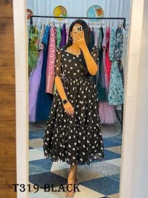 New Women Wear Black Georgette Short Sleeve Gown