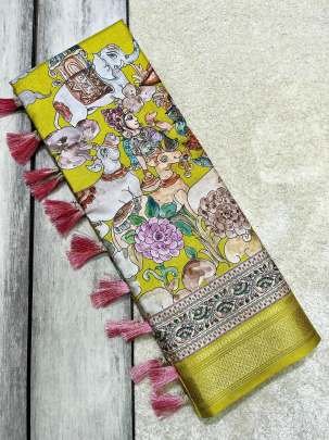 New Zari Weaving Worked Printed Silk Yellow Saree