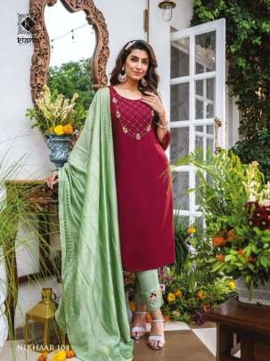 Nikhaar Beautiful Neck Work Straight Kurti Pant Dupatta Set