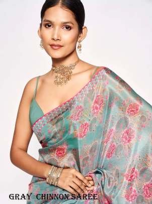 Nimki 8  Gray  Chinnon Party Wear Digital Printed Saree