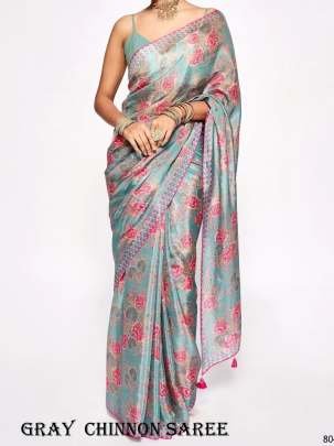 Nimki 8  Gray  Chinnon Party Wear Digital Printed Saree
