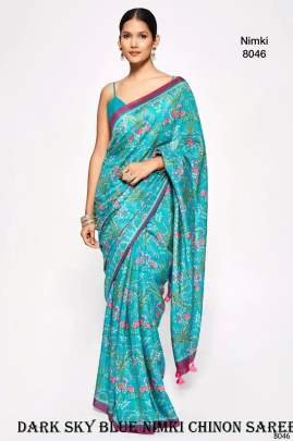 Nimki 9 Dark Sky Blue  Pure Chinon Saree