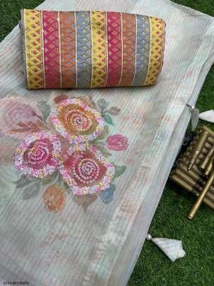 Off White 3D Digital Printed Soft Organza Saree With Sequence Work