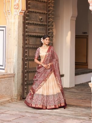 Off White Ajarakh Printed Tussar Silk Lehenga Choli
