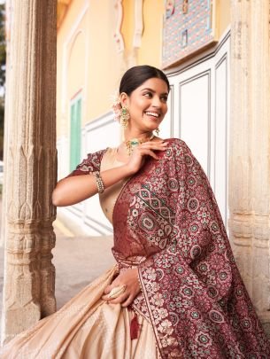 Off White Ajarakh Printed Tussar Silk Lehenga Choli