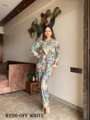 Off White Casual Printed Rayon Muslin Coord Set