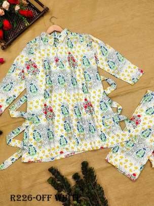 Off White Casual Printed Rayon Muslin Coord Set