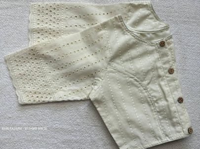 Off White Color Jaipuri Goli Hakoba Boat Neck Ready made Blouse with Wooden Button