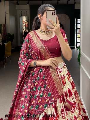 Off White Color Patola Printed With Foil Work Tussar Silk Lehenga Choli