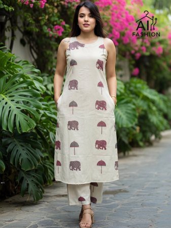 Off White Elephant Print Straight Kurti Pant Set