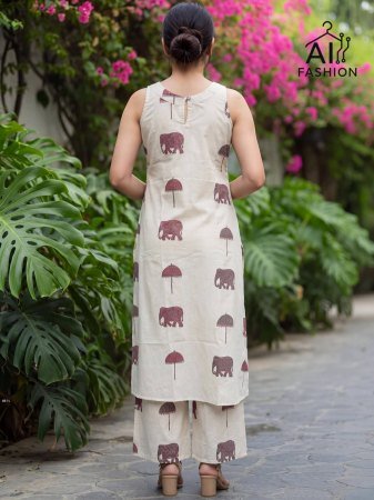 Off White Elephant Print Straight Kurti Pant Set