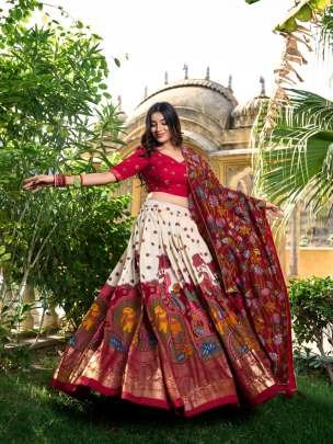 Off White Kalamkari Print Tussar Silk Lehenga Choli With Gota Patti Border Dupatta