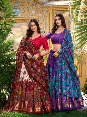 Off White Kalamkari Print Tussar Silk Lehenga Choli With Gota Patti Border Dupatta