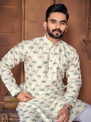 Off White Maharaja Emrboidered Italian Silk Men Kurta With Pajama