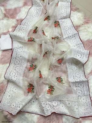 Off White Organza Silk Saree With Chikankari Work