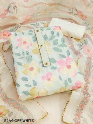 Off White Position Printed Organza Dress Material
