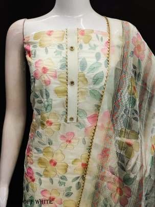 Off White Position Printed Organza Dress Material